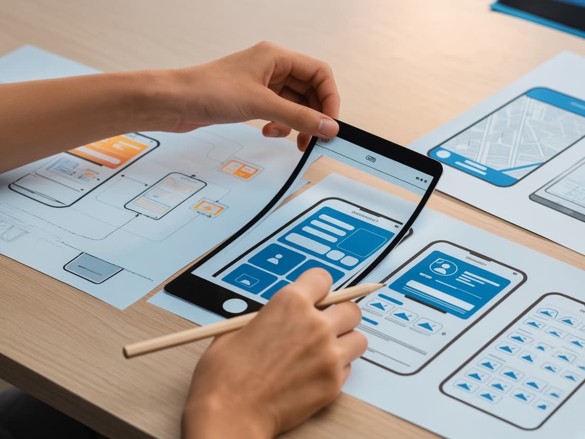 Designer shaping a mobile interface on a tablet